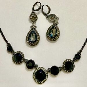 Vintage, Givenchy Black -Crystals Necklace and Dangling Earrings